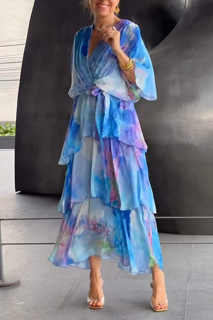 CM | maxi vestido de mujer - look envolvente - tejido de gasa - mangas abullonadas - falda de tafetán con volantes