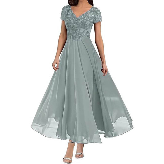 CM | maxi vestido de mujer - corpiño de encaje - escote en V - mangas cortas - falda fluida - ropa formal