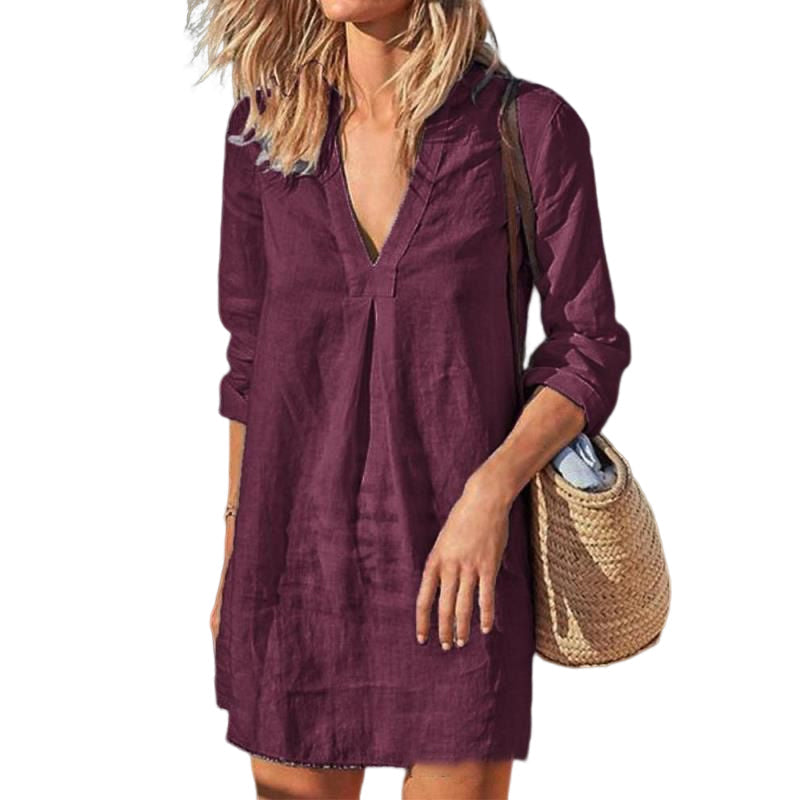 CM | Vestido de manga larga casual monocolor con escote en V