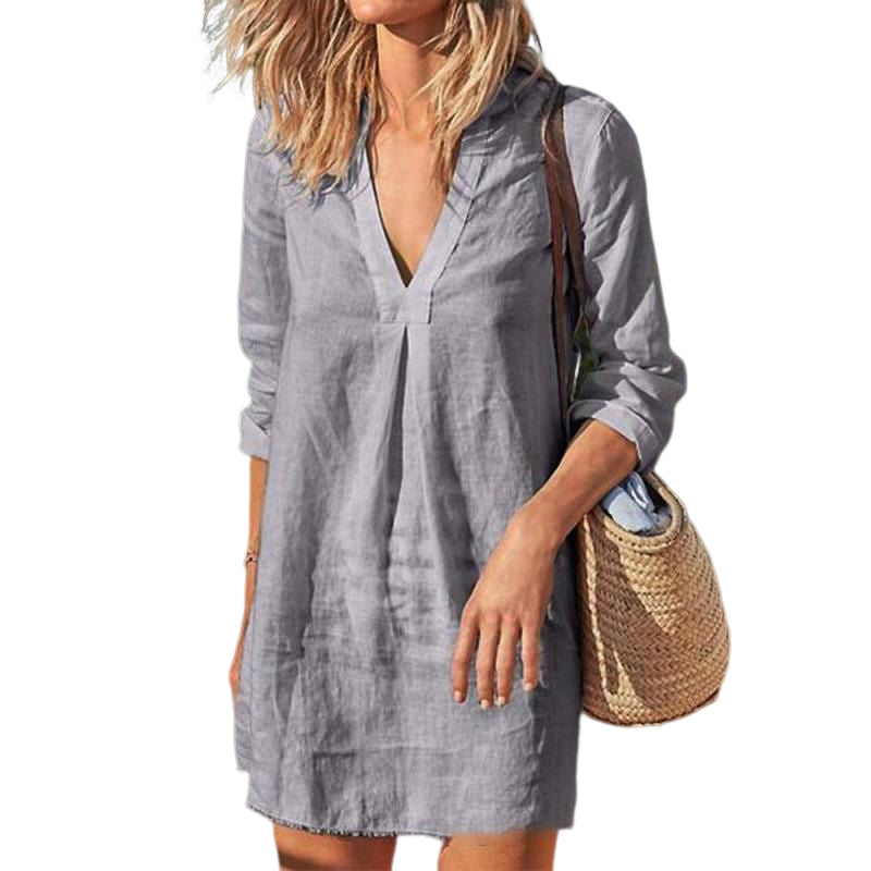 CM | Vestido de manga larga casual monocolor con escote en V