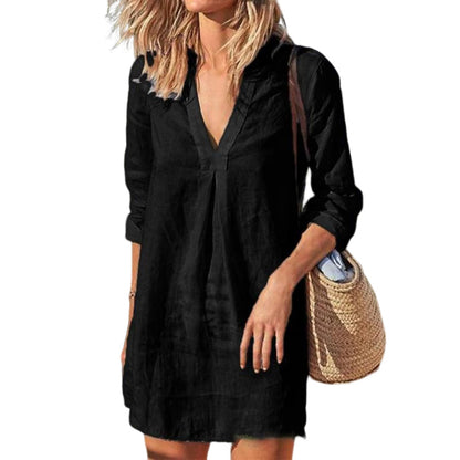 CM | Vestido de manga larga casual monocolor con escote en V