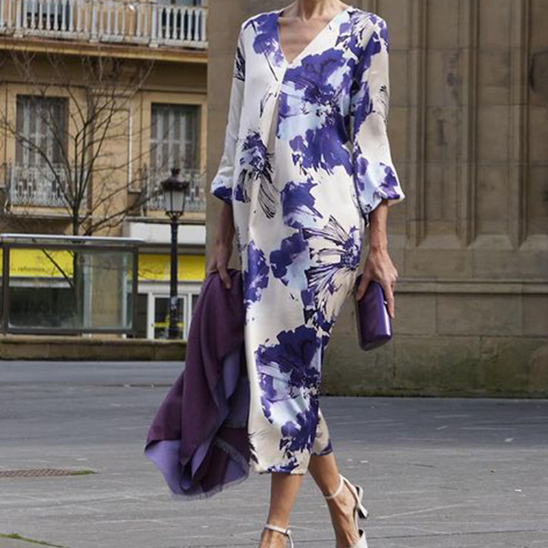 CM | Elegante vestido largo con estampado y escote en V para mujer