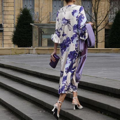 CM | Elegante vestido largo con estampado y escote en V para mujer