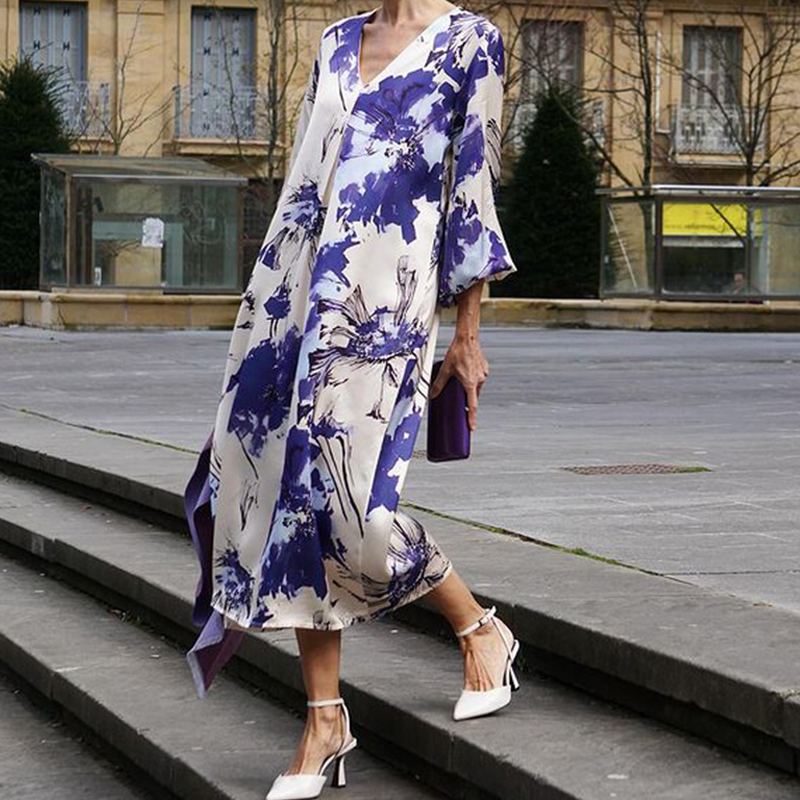 CM | Elegante vestido largo con estampado y escote en V para mujer