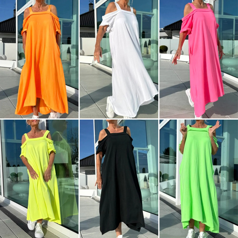 CM | Elegante y cómodo maxi vestido para mujer con hombros descubiertos