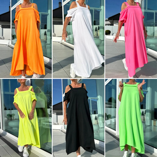 CM | Elegante y cómodo maxi vestido para mujer con hombros descubiertos