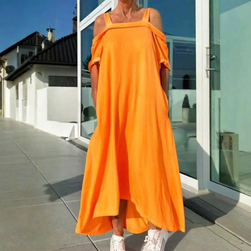 CM | Elegante y cómodo maxi vestido para mujer con hombros descubiertos