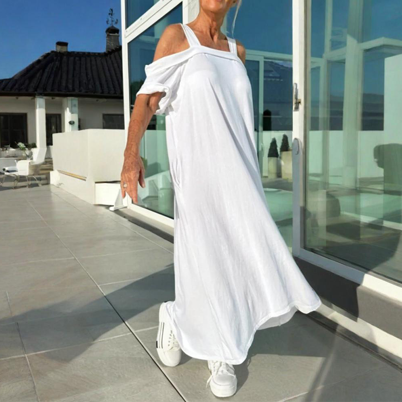CM | Elegante y cómodo maxi vestido para mujer con hombros descubiertos
