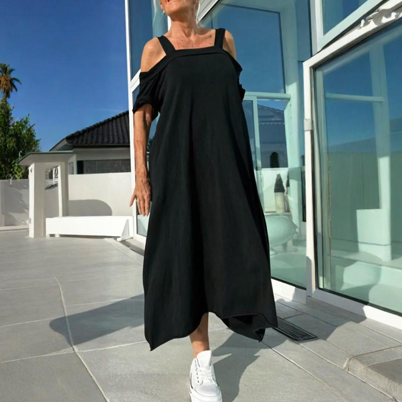 CM | Elegante y cómodo maxi vestido para mujer con hombros descubiertos