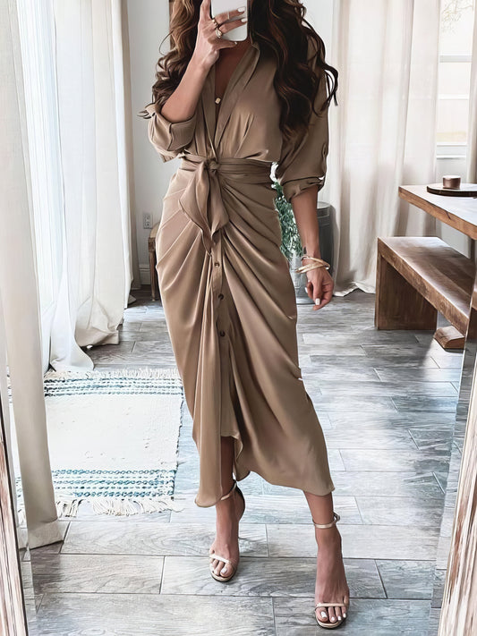 CM | Verano V-cuello botón sólido vestido largo