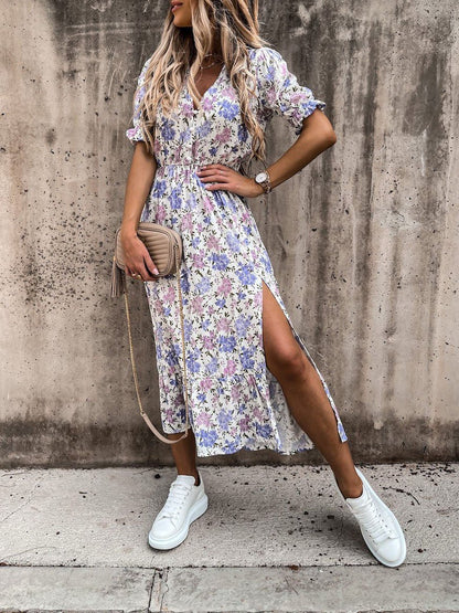 CM | Vestido largo con escote en V y estampado partido
