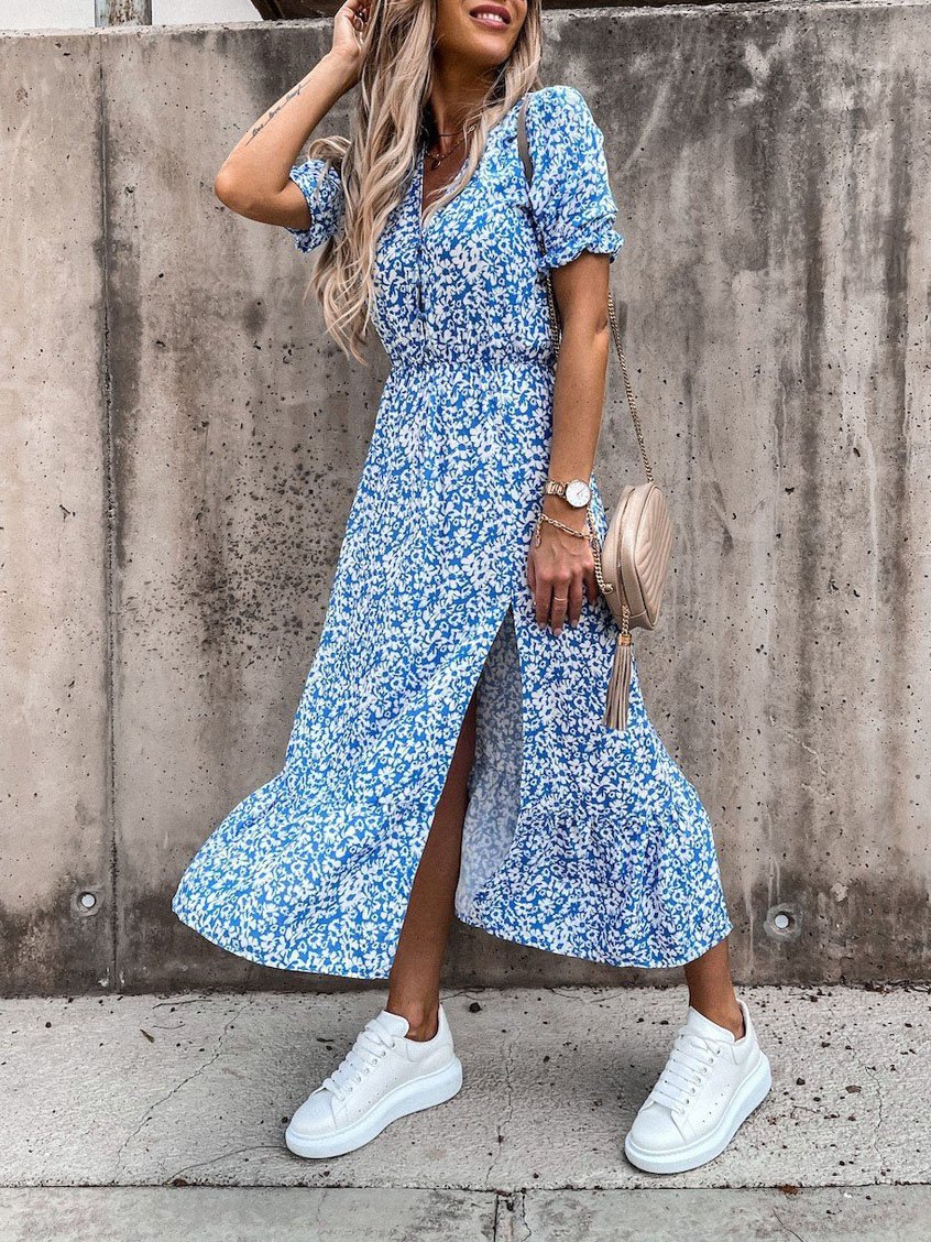 CM | Vestido largo con escote en V y estampado partido