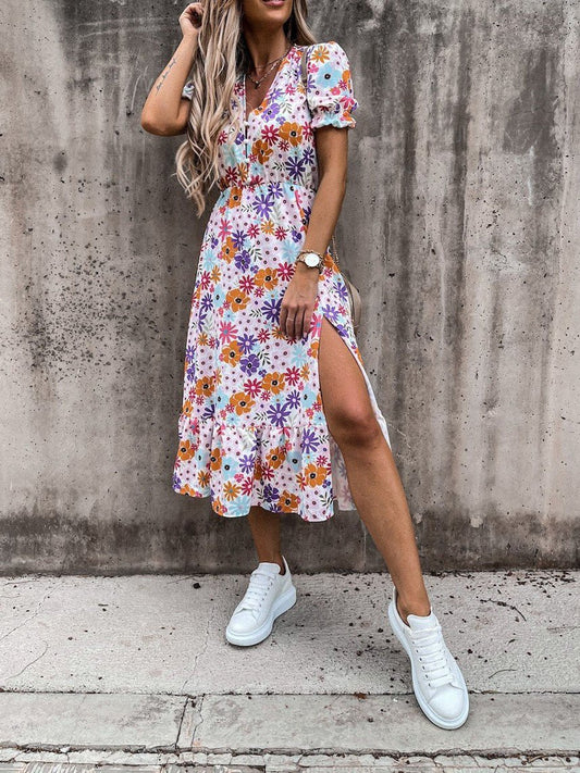 CM | Vestido largo con escote en V y estampado partido