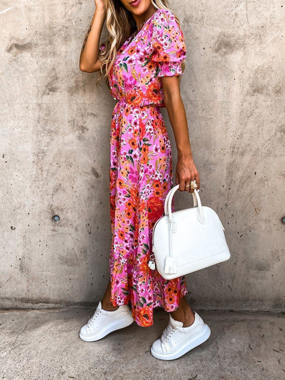 CM | Vestido largo con escote en V y estampado partido