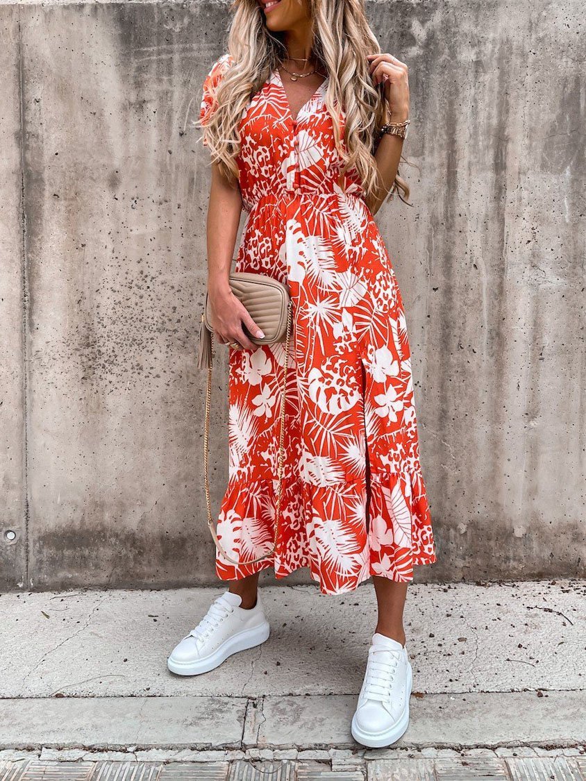 CM | Vestido largo con escote en V y estampado partido