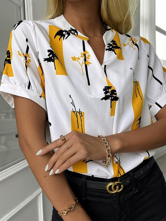 CM | Cuello en V manga corta estampado blusas casual