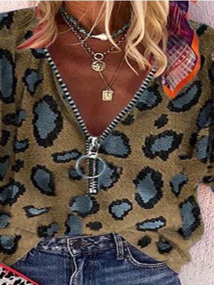 CM | V-Cuello Cremallera Leopardo Imprimir Casual Blusas