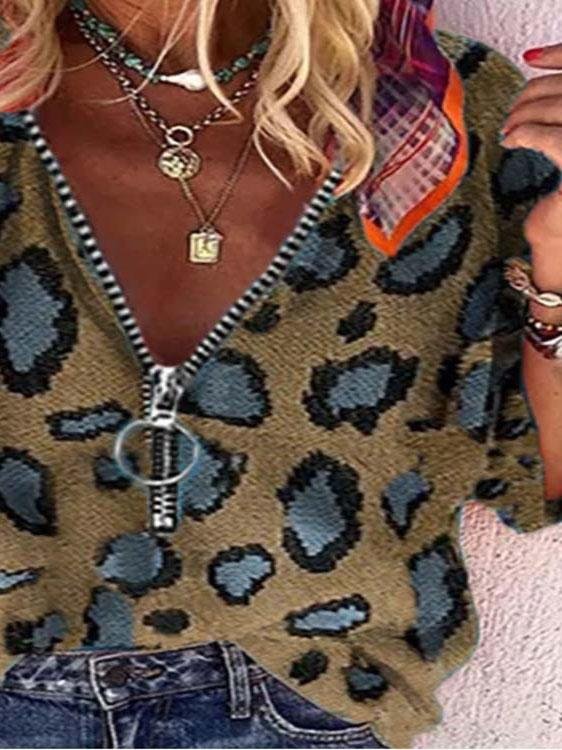 CM | V-Cuello Cremallera Leopardo Imprimir Casual Blusas