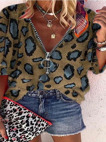 CM | V-Cuello Cremallera Leopardo Imprimir Casual Blusas
