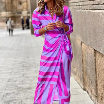 CM | Fashion Vestido midi de rayas con cuello en V y lazada