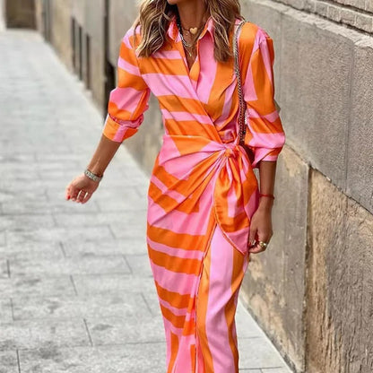 CM | Fashion Vestido midi de rayas con cuello en V y lazada