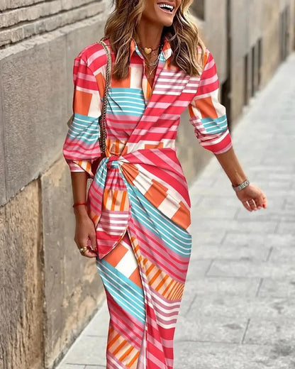 CM | Fashion Vestido midi de rayas con cuello en V y lazada