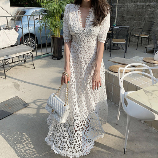 CM | maxi vestido de mujer - encaje línea A - escote en V - mangas medias - ribete festoneado