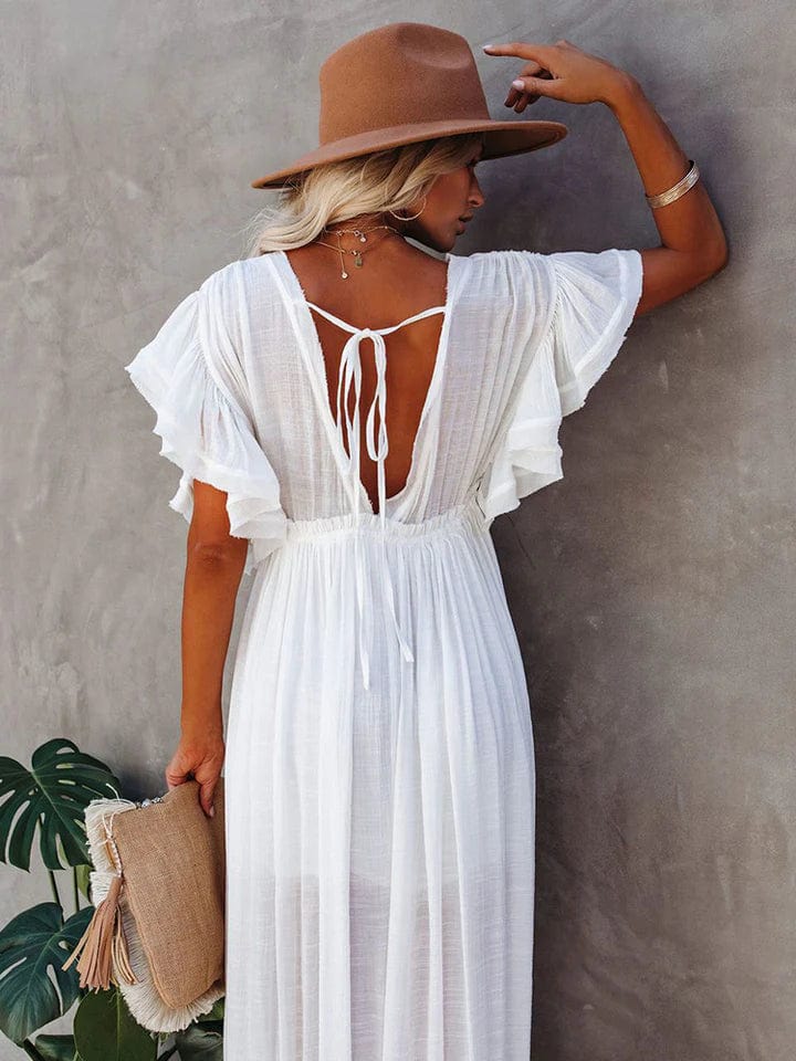 CM | Maxi vestido de mujer - Mezcla de algodón - Corte vaporoso - Mangas abullonadas - Cuello en V estilo boho