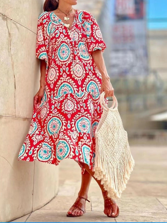 CM | maxi vestido estampado vintage con mangas abullonadas