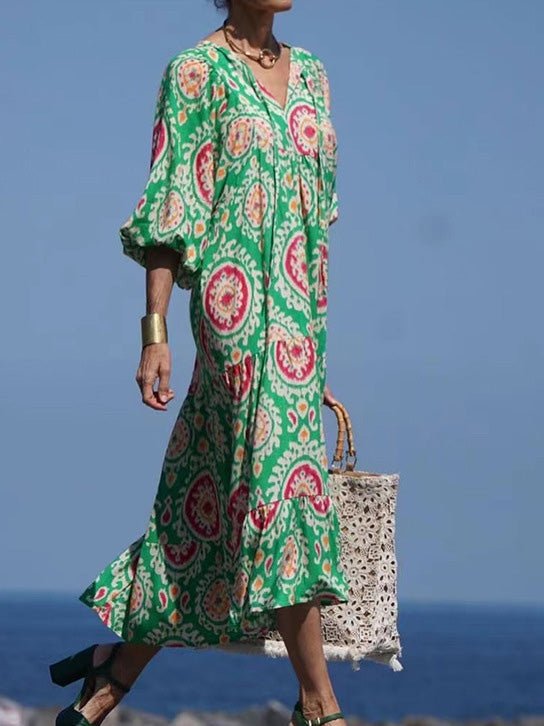 CM | maxi vestido estampado vintage con mangas abullonadas