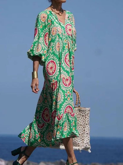CM | maxi vestido estampado vintage con mangas abullonadas